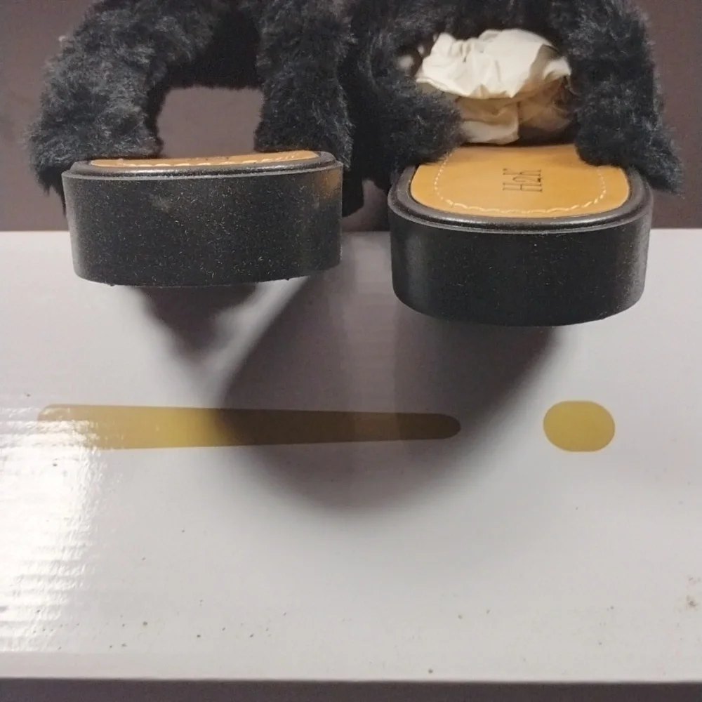 New Fur Fuzzy Slide Sandals Black Blush Low Wedge Size 6